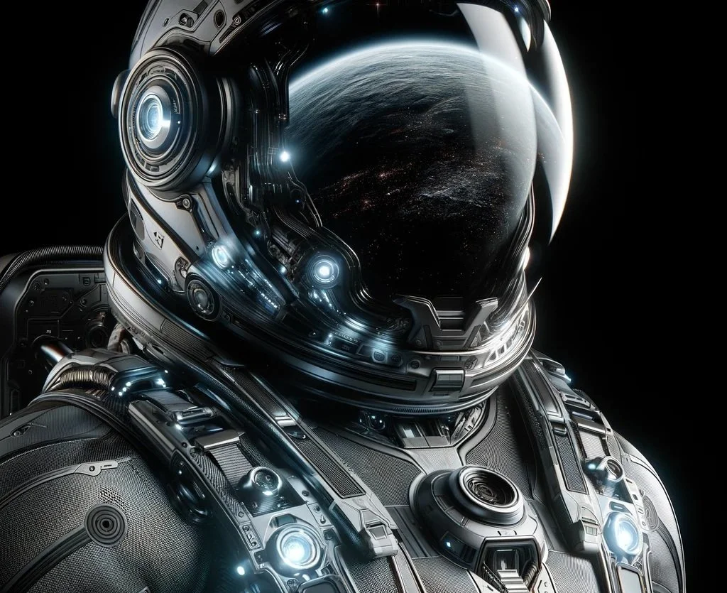 Futuristic astronaut with cyan suit lights